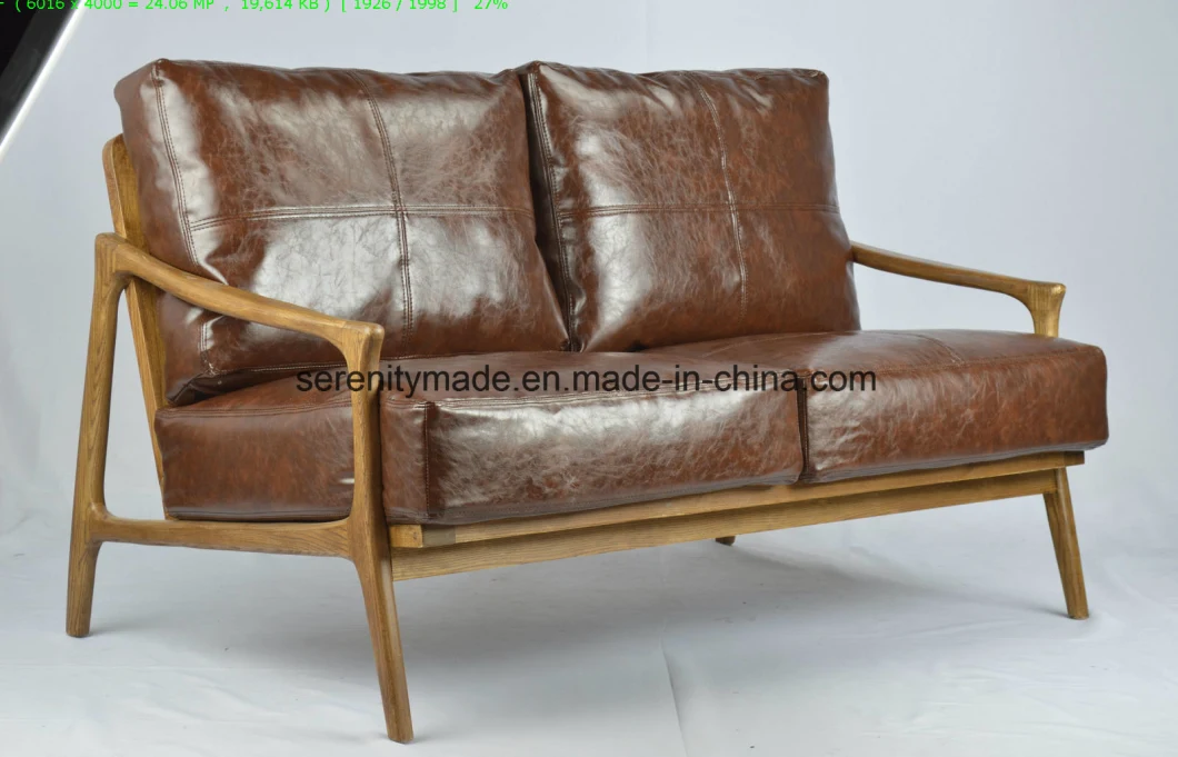 Vintage MID-Century 2 Seater Wood Frame Modern Brown Leather Sofa
