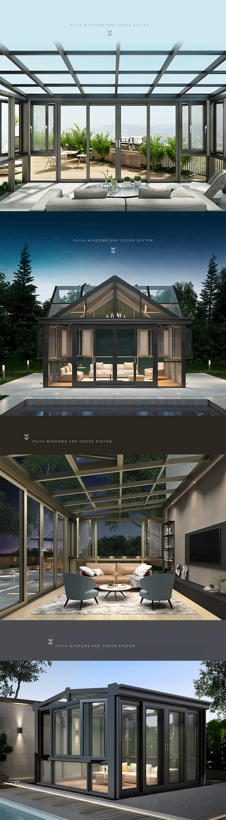 European Style Waterproof Heat Insulation Temper Glass Triangle Roof Garden Aluminum Prefab Sun Room