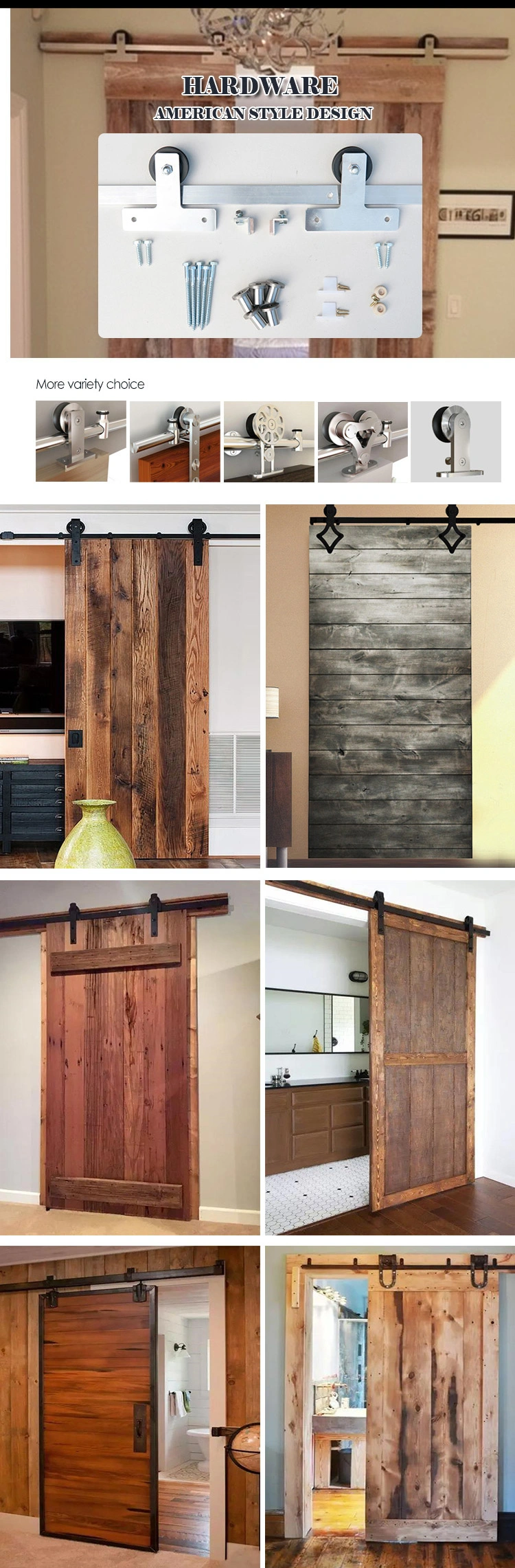 Fashion Style Brown Color Wooden Double Door Designs Sliding American Barn Door with Barn Door Hardware