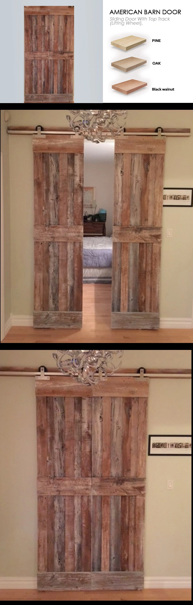 Fashion Style Brown Color Wooden Double Door Designs Sliding American Barn Door with Barn Door Hardware