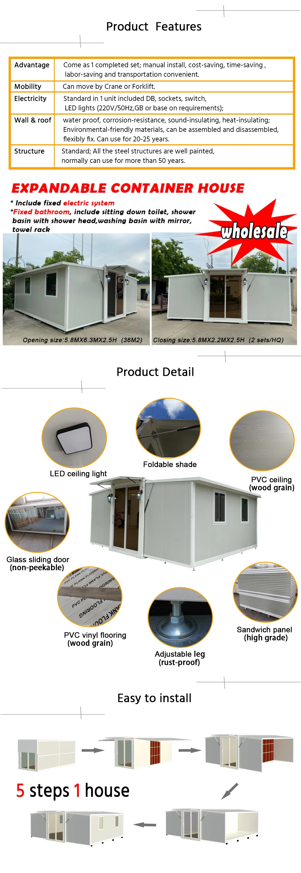 2 Bedroom Single Wide Mobile Expandable Container Homes with Bathroom